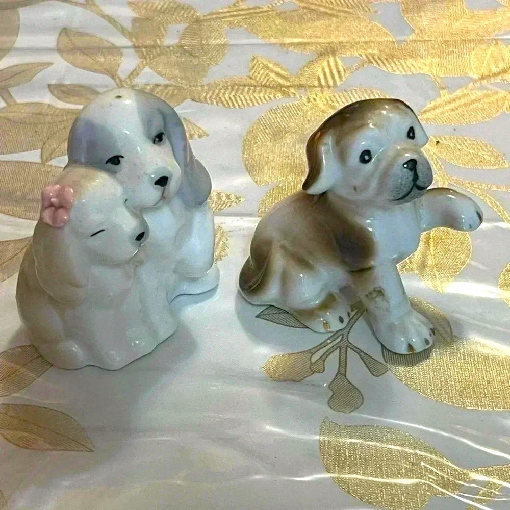 2 Vintage Miniature Puppy Dog Figurine Bone China Brown White Grey